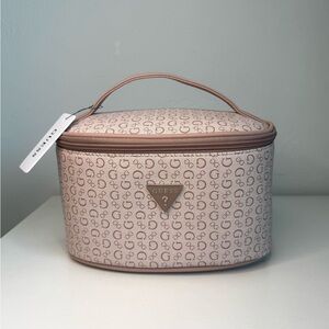GUESS Round Cosmetic Bag Travel Makeup Case Large Beige Logo Zip NEW